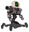 Robot containing old computer monitor and double backslash pixel design and red buttons and heavy upper chest and heavy mech chest and insect walker legs. Gray metal. Facing left view.