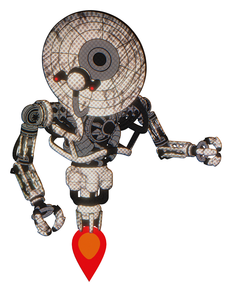 Cyborg containing dual retro camera head and satellite dish head and heavy upper chest and no chest plating and jet propulsion. Halftone sketch. Fight or defense pose..