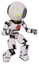 Cyborg containing round head and green eyes array and light chest exoshielding and red chest button and prototype exoplate legs. White halftone toon. Fight or defense pose..