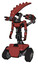 Mech containing flat elongated skull head and light chest exoshielding and ultralight chest exosuit and minigun back assembly and tank tracks. Light brick red. Standing looking right restful pose.