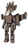 Mech containing bird skull head and yellow and green scope eyes and bird feather design and light chest exoshielding and prototype exoplate chest and stellar jet wing rocket pack .