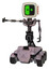 Bot containing old computer monitor and abstract mask pixel face and red buttons and light chest exoshielding and no chest plating and six-wheeler base. Gray metal. Arm out holding invisible object..