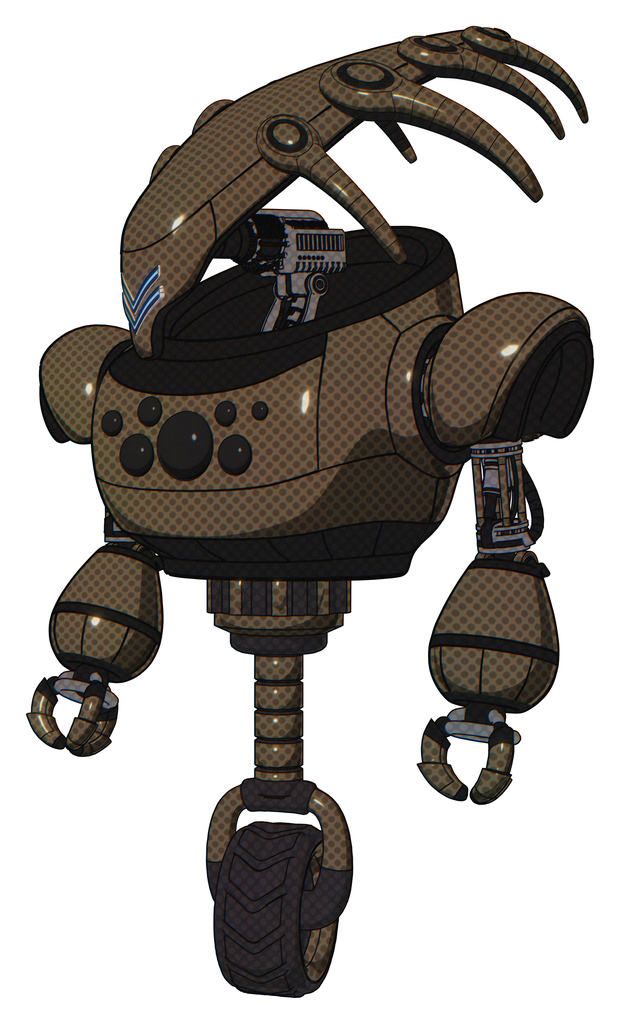Mech containing flat elongated skull head and heavy upper chest and chest compound eyes and unicycle wheel. Light brown halftone. Standing looking right restful pose.