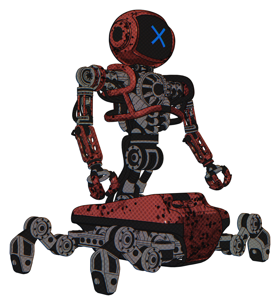 Automaton containing digital display head and x face and heavy upper chest and no chest plating and insect walker legs. Grunge matted orange. Facing left view.