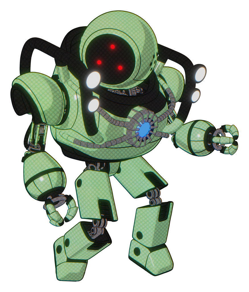 Mech containing three led eyes round head and heavy upper chest and chest blue energy core and shoulder headlights and prototype exoplate legs. Green tint toon. Fight or defense pose..