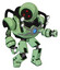 Mech containing three led eyes round head and heavy upper chest and chest blue energy core and shoulder headlights and prototype exoplate legs. Green tint toon. Fight or defense pose..