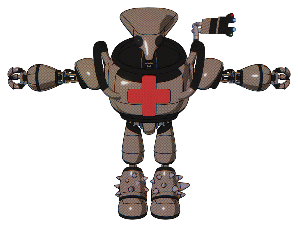 Mech containing flat elongated skull head and heavy upper chest and first aid chest symbol and light leg exoshielding and spike foot mod. Khaki halftone. T-pose.