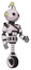 Droid containing oval wide head and minibot ornament and light chest exoshielding and rubber chain sash and unicycle wheel. White halftone toon. Facing left view.