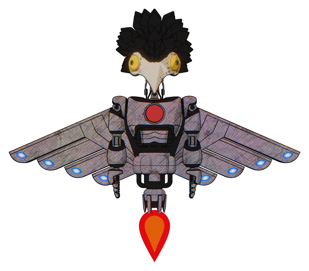 Robot containing bird skull head and brass steampunk eyes and crow feather design and light chest exoshielding and red chest button and cherub wings design and jet propulsion. Sketch fast lines.