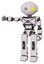 Droid containing oval wide head and sunshine patch eye and light chest exoshielding and blue energy core and prototype exoplate legs. White halftone toon. Arm out holding invisible object..