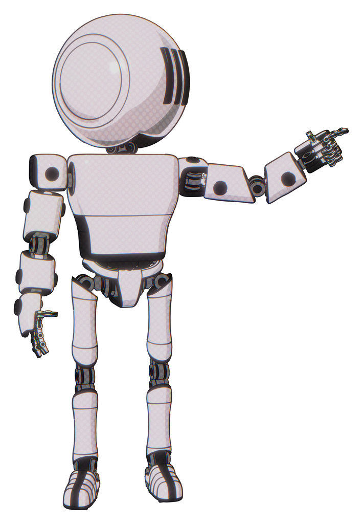 Bot containing round head and three lens sentinel visor and light chest exoshielding and prototype exoplate chest and ultralight foot exosuit. White halftone toon. Pointing left or pushing a button..