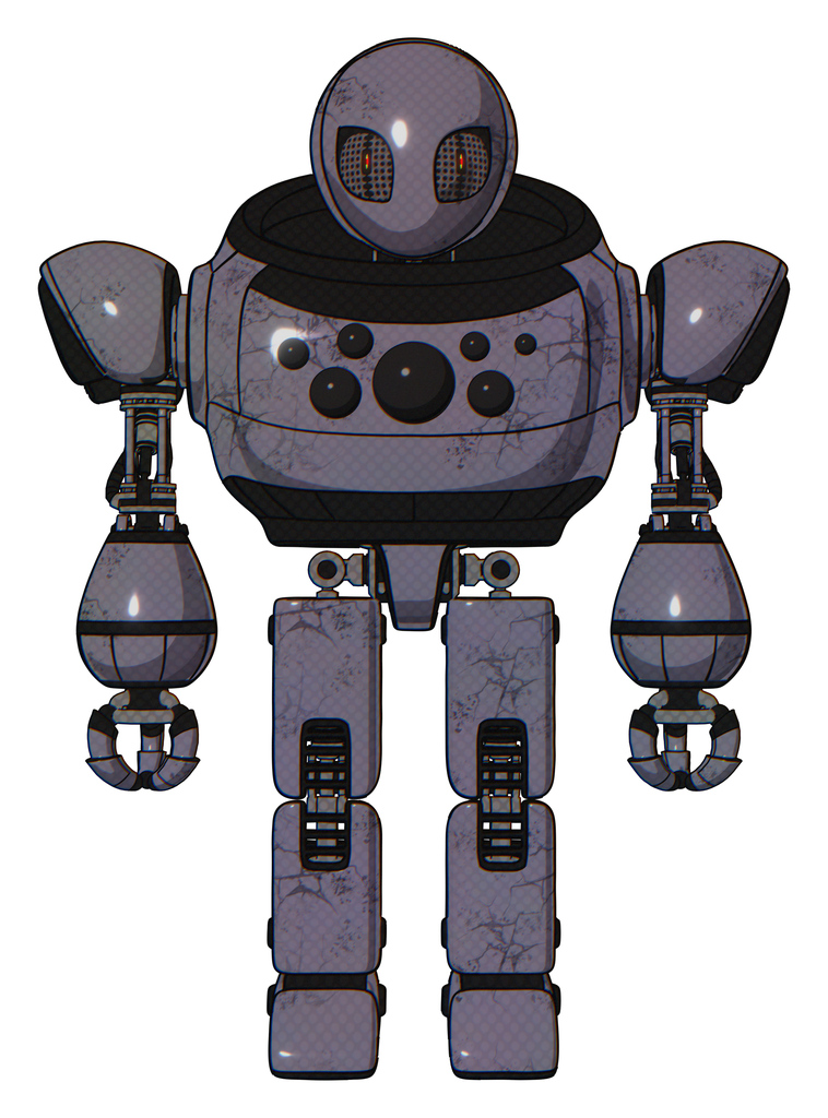 Mech containing grey alien style head and metal grate eyes and heavy upper chest and chest compound eyes and prototype exoplate legs. Light lavender metal. Front view.