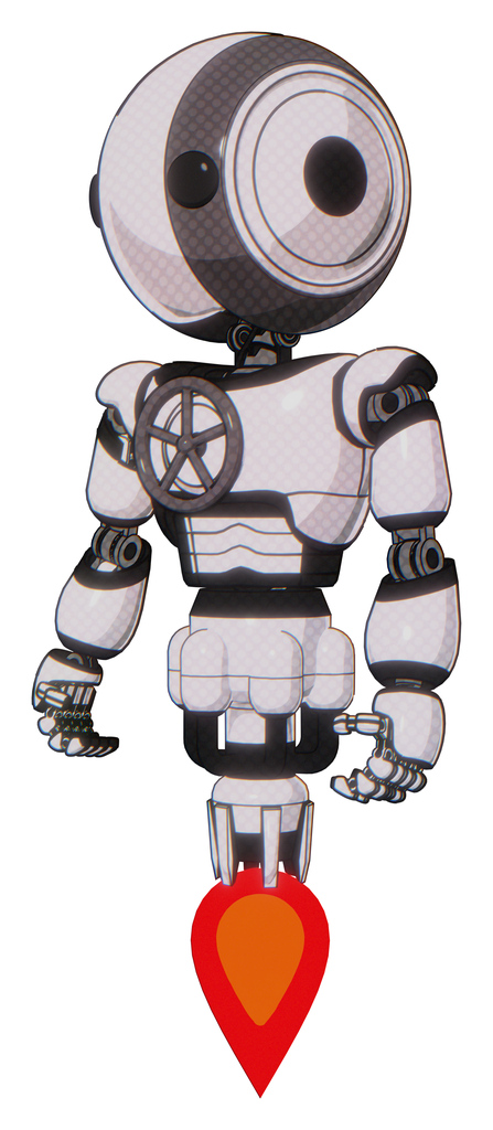 Droid containing round head and maru eyes and light chest exoshielding and chest valve crank and jet propulsion. White halftone toon. Standing looking right restful pose.