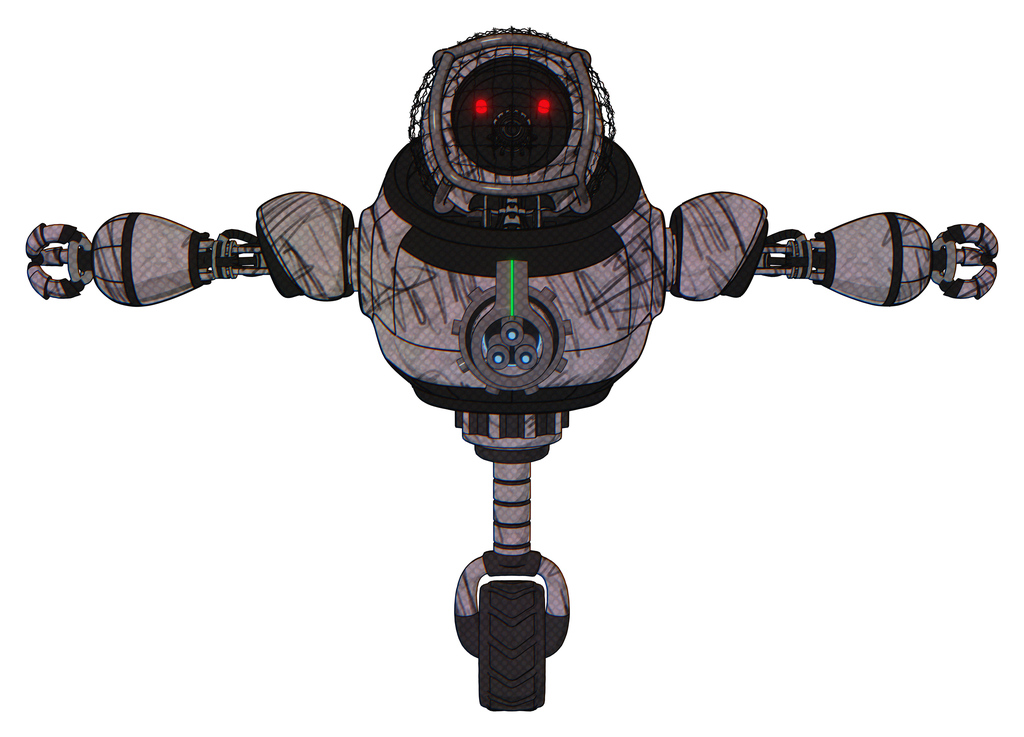 Mech containing round barbed wire round head and heavy upper chest and chest energy gun and unicycle wheel. Dark sketchy. T-pose.