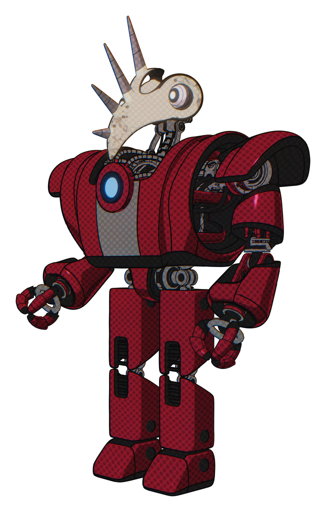Bot containing bird skull head and white eyeballs and heavy upper chest and heavy mech chest and blue energy fission element chest and prototype exoplate legs. Fire engine red halftone.