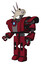 Bot containing bird skull head and white eyeballs and heavy upper chest and heavy mech chest and blue energy fission element chest and prototype exoplate legs. Fire engine red halftone.