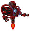 Automaton containing oval wide head and steampunk iron bands with bolts and heavy upper chest and heavy mech chest and spectrum fusion core chest and jet propulsion. Dark red. Interacting.