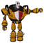 Droid containing humanoid face mask and skeleton war paint and heavy upper chest and red shield defense design and light leg exoshielding and spike foot mod. Worn construction yellow.