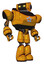 Bot containing dual retro camera head and retro tech device head and heavy upper chest and circle of blue leds and light leg exoshielding. Primary yellow halftone. Hero pose.