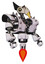 Droid containing bird skull head and yellow led protruding eyes and robobeak design and heavy upper chest and heavy mech chest and shoulder spikes and jet propulsion. White halftone toon.