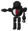 Bot containing round head and three lens sentinel visor and heavy upper chest and red shield defense design and prototype exoplate legs. Dirty black. Arm out holding invisible object..