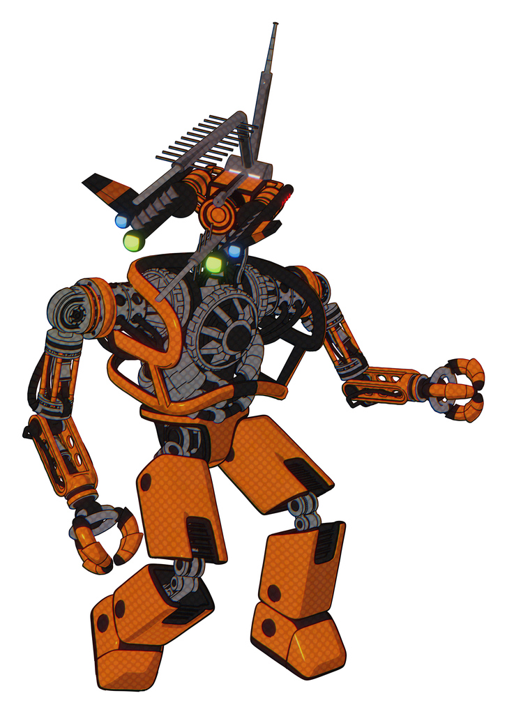 Automaton containing dual retro camera head and communications array head and heavy upper chest and no chest plating and prototype exoplate legs. Secondary orange halftone. Fight or defense pose..