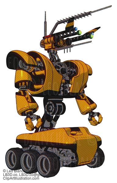 Android Containing Dual Retro Camera Head And Communications Array Head And Heavy Upper Chest And Heavy Mech Chest And Six-Wheeler Base. Primary Yellow Halftone. Facing Left View. #20187