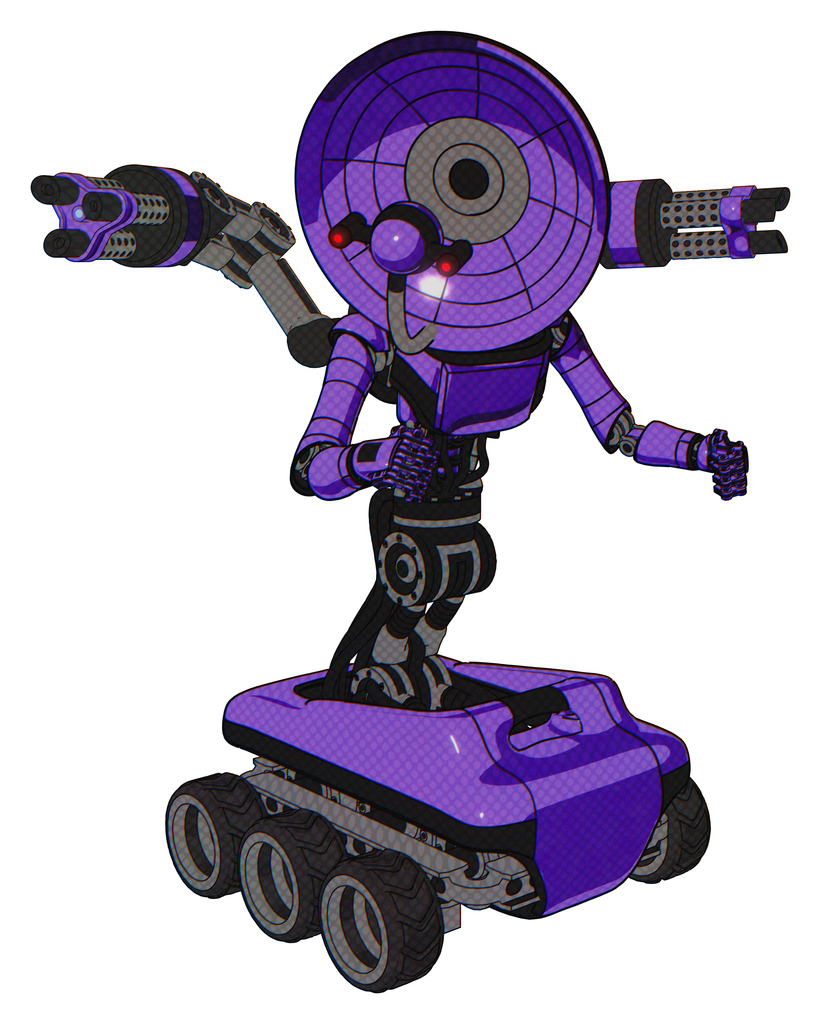 Bot containing dual retro camera head and satellite dish head and light chest exoshielding and ultralight chest exosuit and minigun back assembly and six-wheeler base. Secondary purple halftone.
