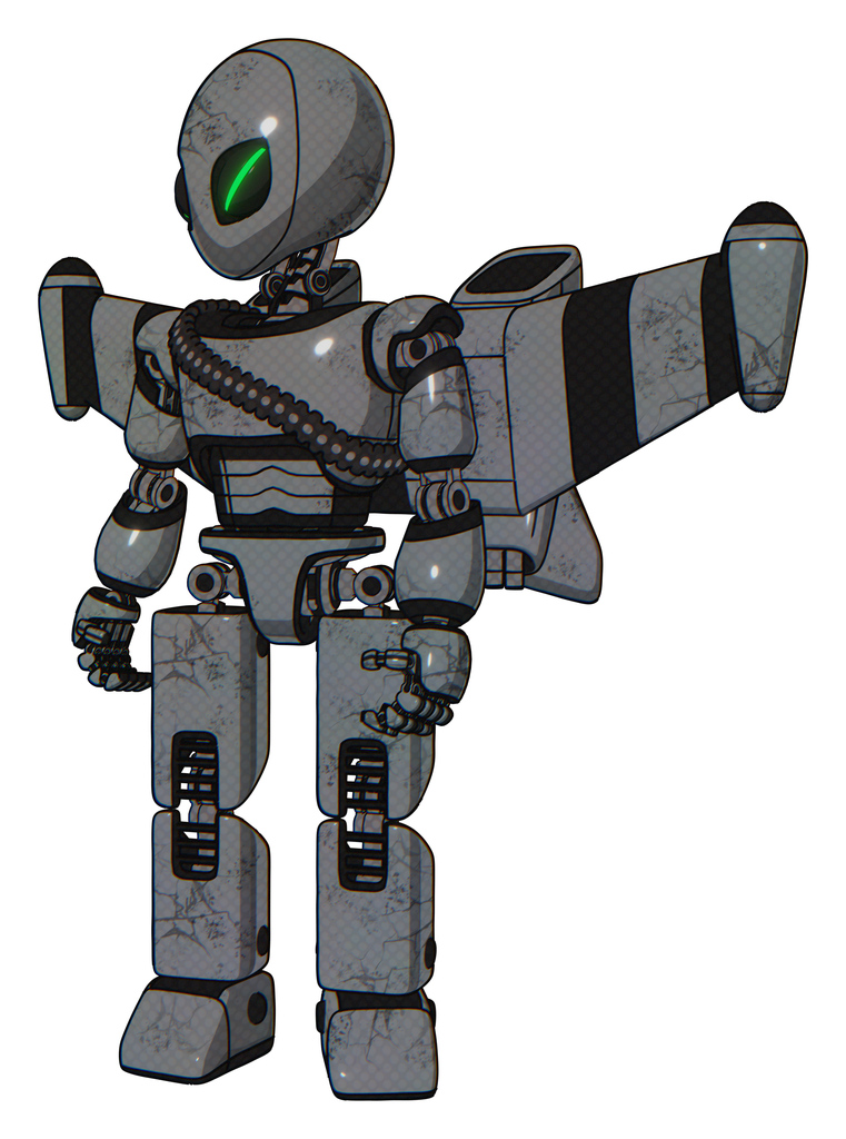 Droid containing grey alien style head and green demon eyes and light chest exoshielding and rubber chain sash and stellar jet wing rocket pack and prototype exoplate legs. Patent concrete gray metal.