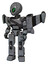 Droid containing grey alien style head and green demon eyes and light chest exoshielding and rubber chain sash and stellar jet wing rocket pack and prototype exoplate legs. Patent concrete gray metal.