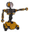 Bot containing humanoid face mask and die robots graffiti design and heavy upper chest and no chest plating and six-wheeler base. Worn construction yellow. Pointing left or pushing a button..