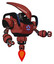 Mech containing flat elongated skull head and heavy upper chest and circle of blue leds and blue strip lights and jet propulsion. Light brick red. Interacting.