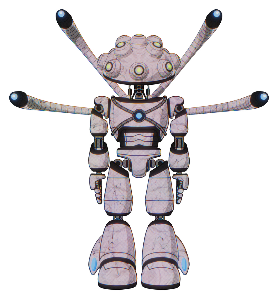 Android containing techno multi-eyed domehead design and light chest exoshielding and blue energy core and blue-eye cam cable tentacles and light leg exoshielding. Sketch pad light lines. Front view.