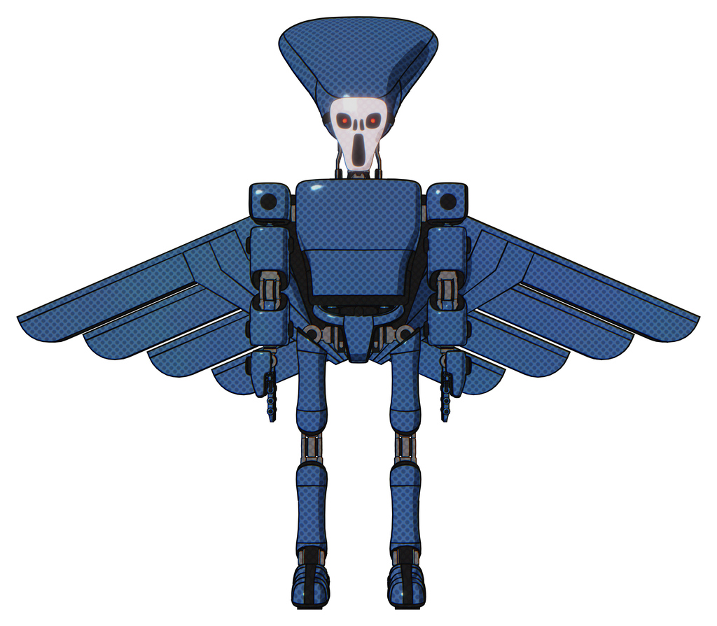 Mech containing flat elongated skull head and light chest exoshielding and prototype exoplate chest and pilot's wings assembly and ultralight foot exosuit. Blue halftone. Front view.