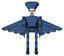 Mech containing flat elongated skull head and light chest exoshielding and prototype exoplate chest and pilot's wings assembly and ultralight foot exosuit. Blue halftone. Front view.