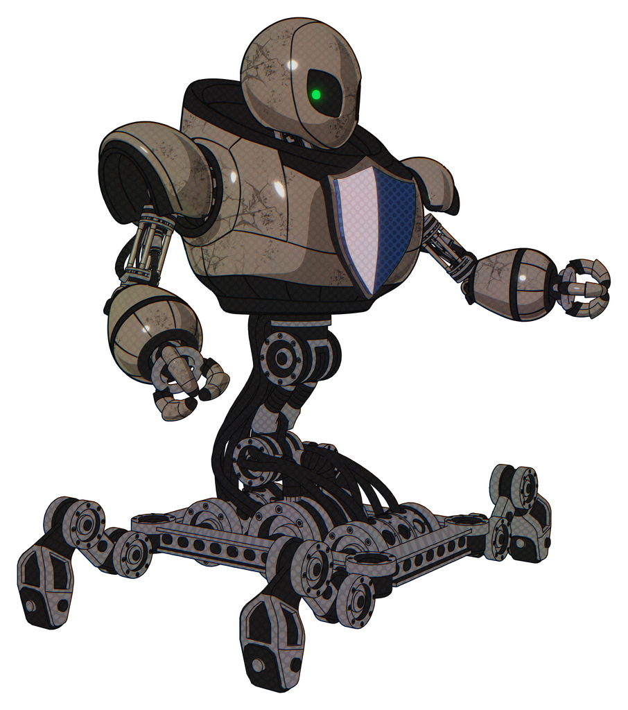 Droid containing grey alien style head and green inset eyes and heavy upper chest and blue shield defense design and insect walker legs. Patent khaki metal. Interacting.