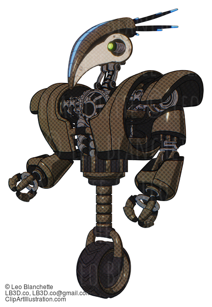 Android Containing Bird Skull Head And Yellow And Green Scope Eyes And Head Shield Design And Heavy Upper Chest And Heavy Mech Chest And Unicycle Wheel. Light Brown Halftone. Facing Right View. #20205