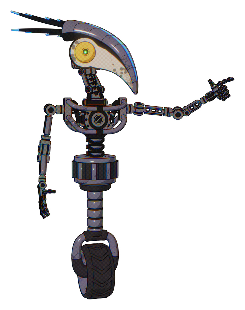 Automaton containing bird skull head and brass steampunk eyes and head shield design and light chest exoshielding and no chest plating and unicycle wheel. Light lavender metal.