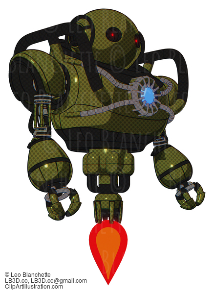 Android Containing Oval Wide Head And Small Red Led Eyes And Heavy Upper Chest And Chest Blue Energy Core And Jet Propulsion. Army Green Halftone. Facing Left View. #20209