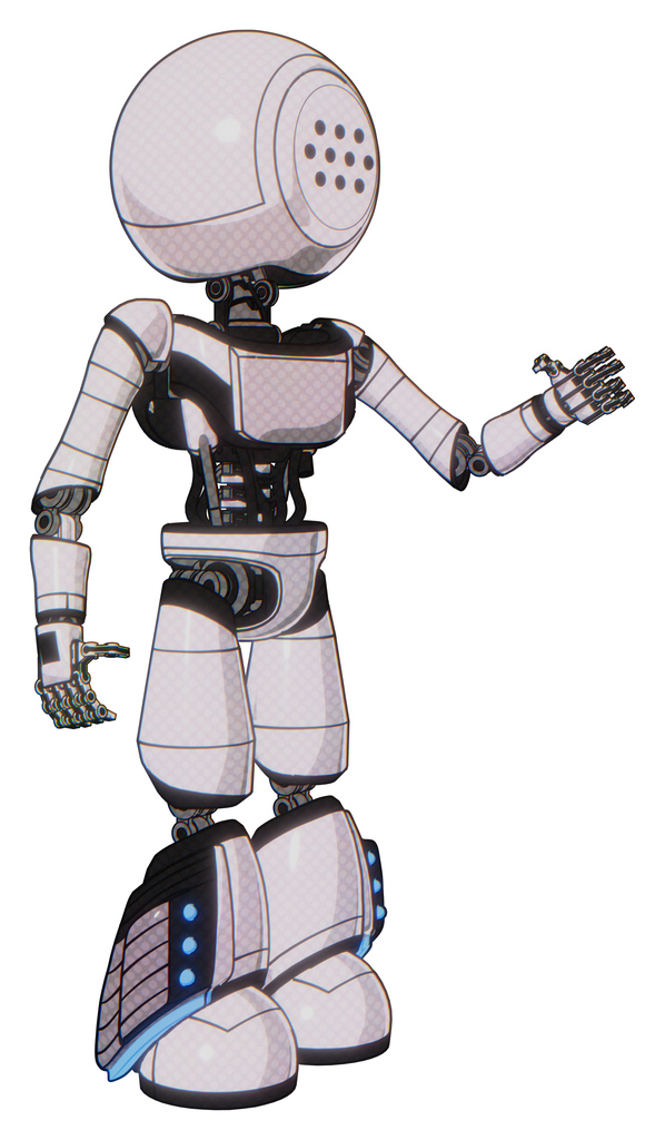 Automaton containing dots array face and light chest exoshielding and ultralight chest exosuit and light leg exoshielding and megneto-hovers foot mod. White halftone toon. Interacting.