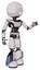 Automaton containing dots array face and light chest exoshielding and ultralight chest exosuit and light leg exoshielding and megneto-hovers foot mod. White halftone toon. Interacting.