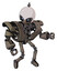 Droid containing grey alien style head and electric eyes and helmet and heavy upper chest and heavy mech chest and ultralight foot exosuit. Patent khaki metal. Fight or defense pose..