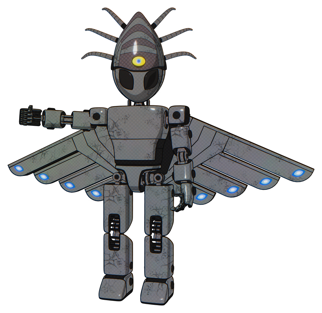 Droid containing grey alien style head and black eyes and eyeball creature crown and light chest exoshielding and prototype exoplate chest and cherub wings design and prototype exoplate legs.