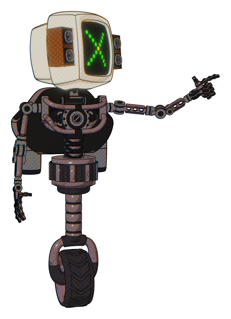 Automaton containing old computer monitor and pixel x and old retro speakers and light chest exoshielding and rocket pack and no chest plating and unicycle wheel. Dusty rose red metal.