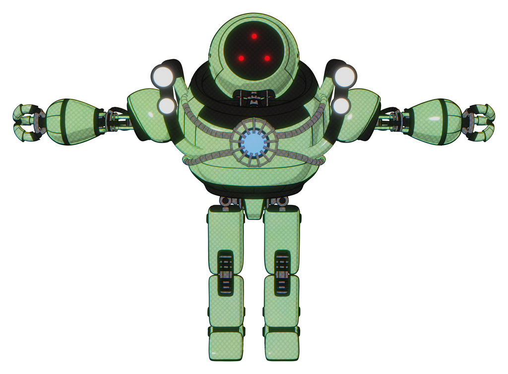 Mech containing three led eyes round head and heavy upper chest and chest blue energy core and shoulder headlights and prototype exoplate legs. Green tint toon. T-pose.