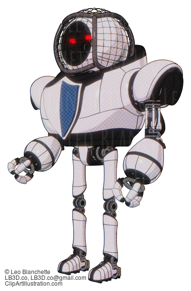 Android Containing Round Barbed Wire Round Head And Heavy Upper Chest And Blue Shield Defense Design And Ultralight Foot Exosuit. White Halftone Toon. Facing Right View. #20224