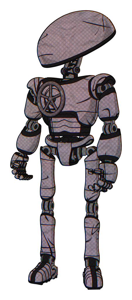 Robot containing dome head and light chest exoshielding and chest valve crank and ultralight foot exosuit. Dark sketch doodle. Standing looking right restful pose.