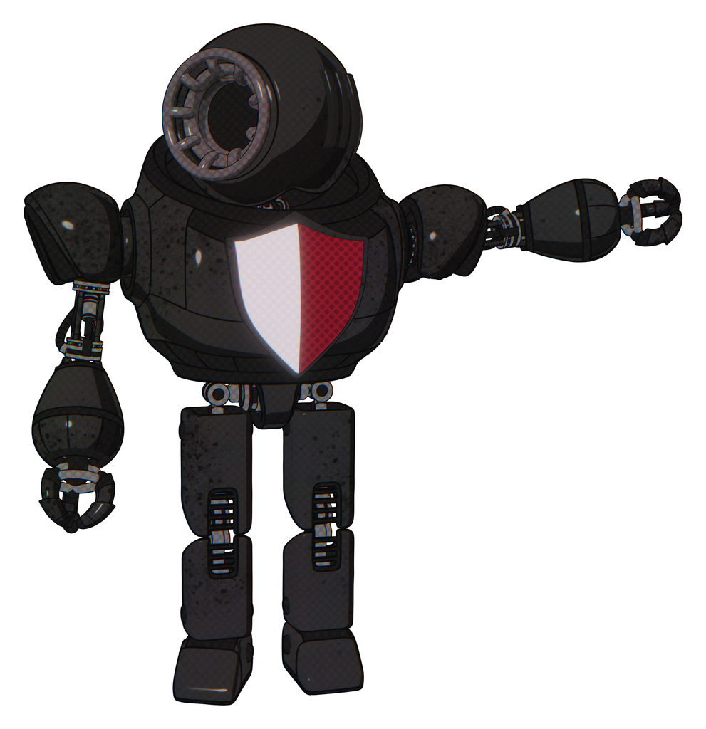 Bot containing round head and three lens sentinel visor and heavy upper chest and red shield defense design and prototype exoplate legs. Dirty black. Pointing left or pushing a button..