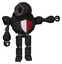 Bot containing round head and three lens sentinel visor and heavy upper chest and red shield defense design and prototype exoplate legs. Dirty black. Pointing left or pushing a button..