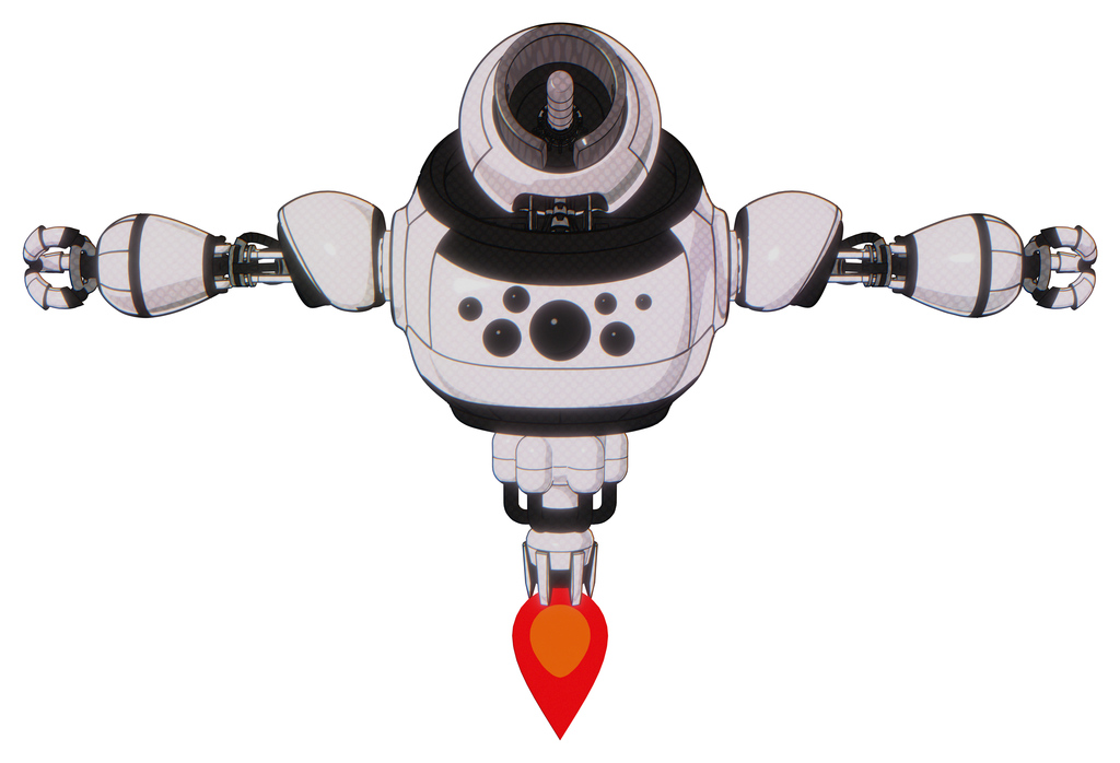 Robot containing cable connector head and heavy upper chest and chest compound eyes and jet propulsion. White halftone toon. T-pose.